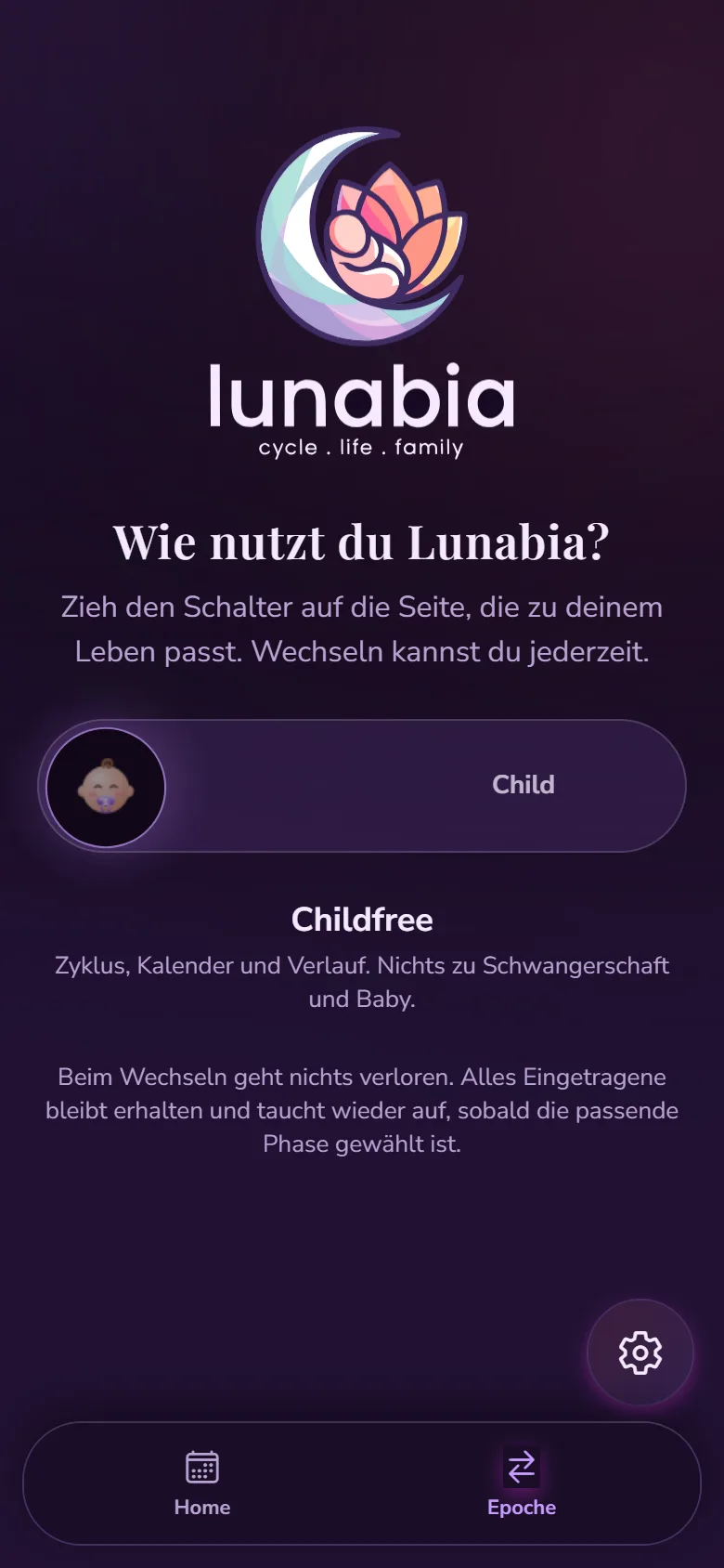 Der Schalter in der App auf Childfree: Zyklus, Kalender und Verlauf, nichts zu Schwangerschaft und Baby
