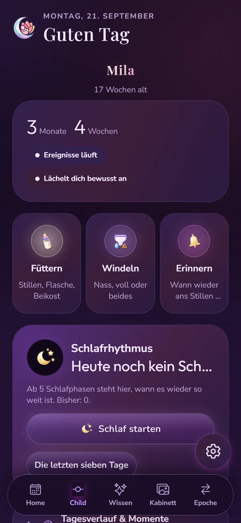 Die Seite Kind in der App: Alter, Meilensteine und Knöpfe für Füttern, Windeln und Erinnern