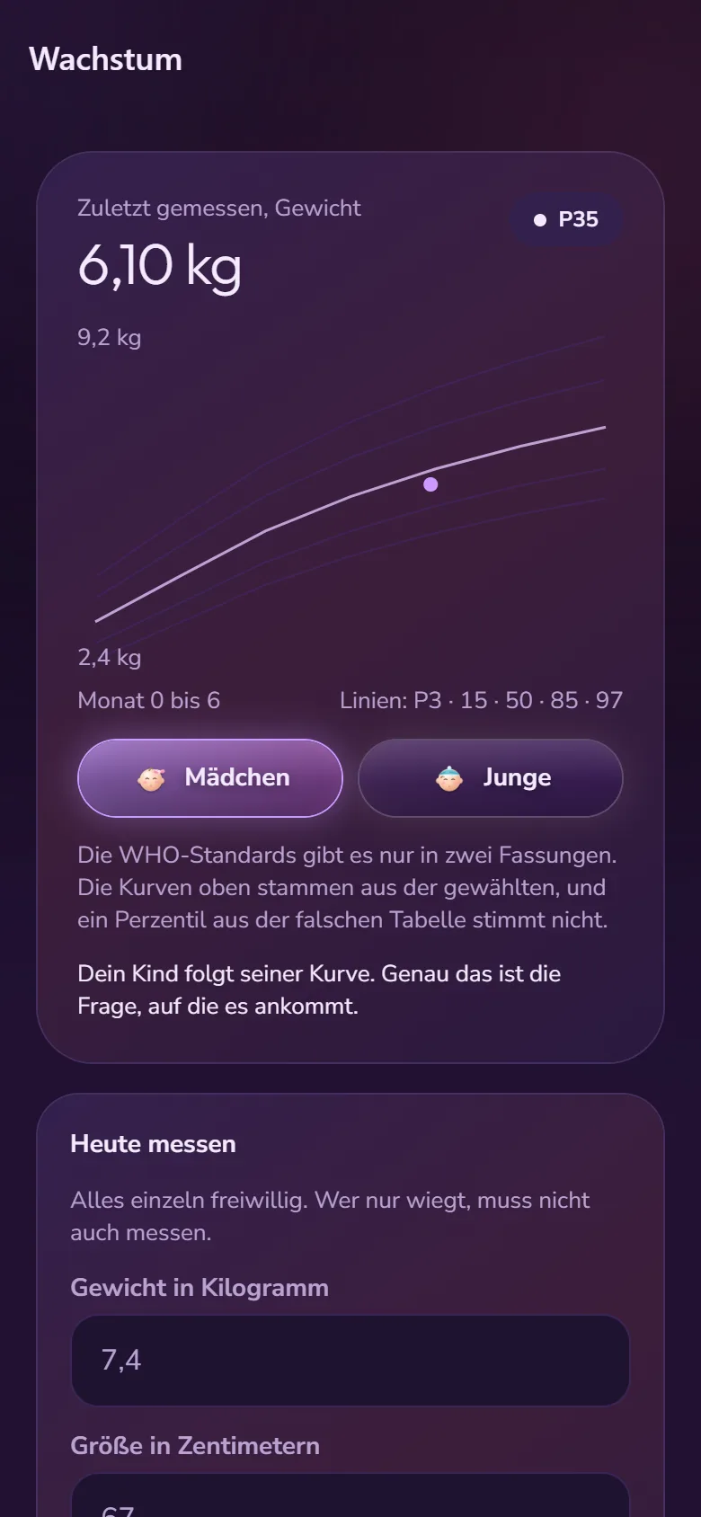 Wachstum in der App: Gewicht auf der WHO-Kurve mit Perzentil, darunter die Wahl zwischen Mädchen und Junge