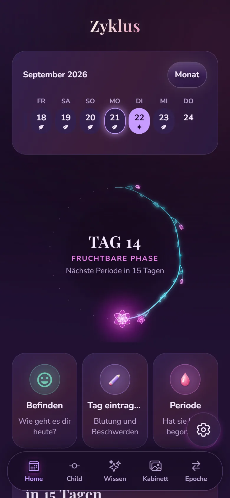 Die Startseite der App: der Zyklus als Zweig mit Blüte, heute Tag 14, fruchtbare Phase