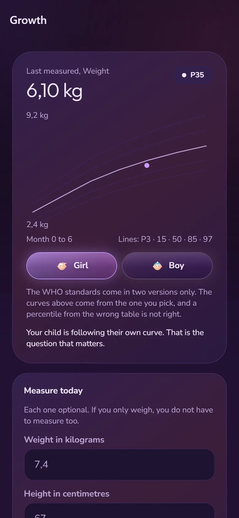 O crescimento na app: o peso na curva da OMS com percentil e, por baixo, a escolha entre menina e menino