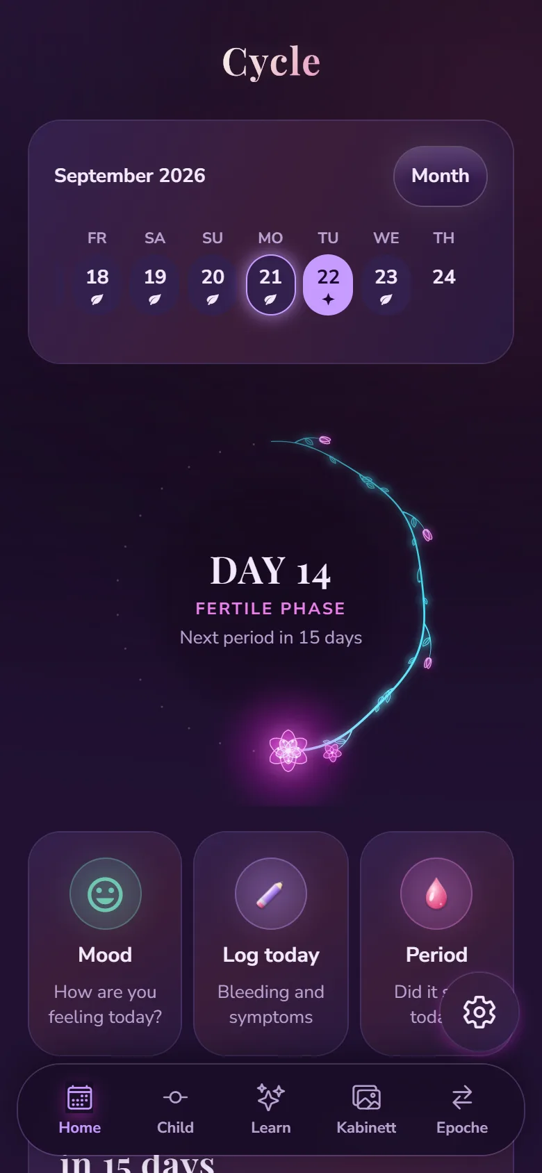 O ecrã inicial da app: o ciclo como um ramo com uma flor, hoje dia 14, fase fértil